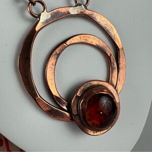 Vintage Rafael Alfandary Hammered Copper w/ Amber Glass Pendant Necklace